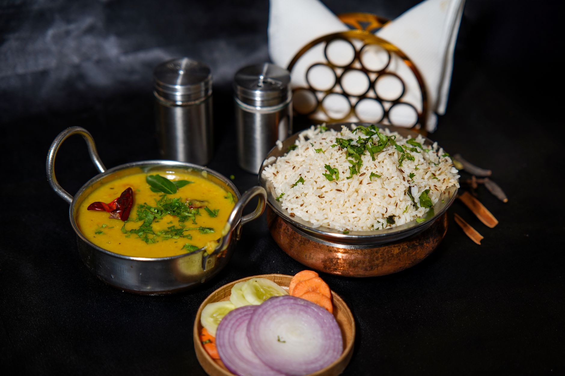 Dal tadka and rice with whole spices